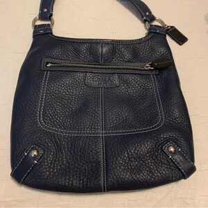 Vtg Coach Navy Pebbled Hippie Leather Hobo Shoulder Bag with White Stitching